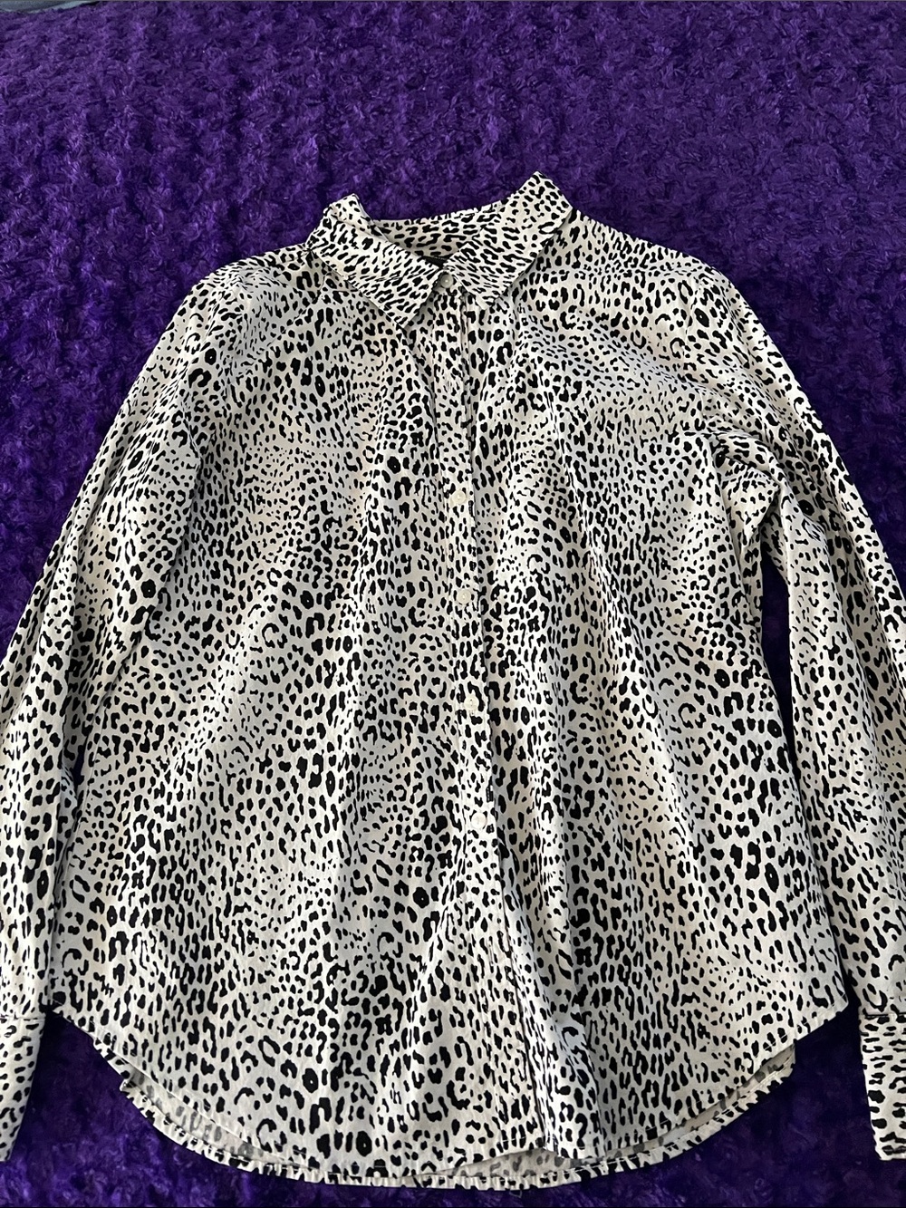 Womens Black and White Leopard Print Button-Down Top